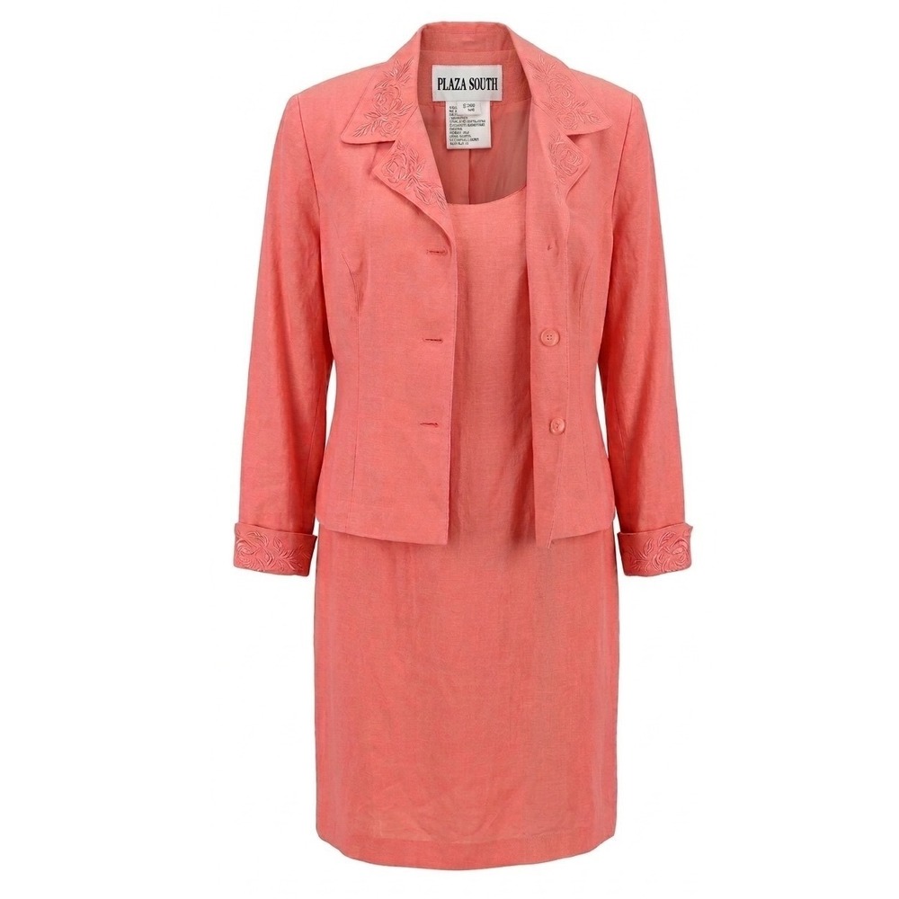 Plaza South Womens Coral Pink Linen Blend Embroidered Skirt Suit Set Size 16